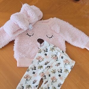 Pink Fuzzy Bear Sweater and Floral Leggings Set
